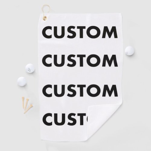 Personalized custom Golf Towel with Grommet and Hook pictured with golf balls and tees.