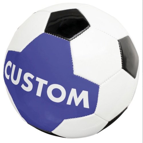 Personalized custom Soccer Ball showing blue background and white text.