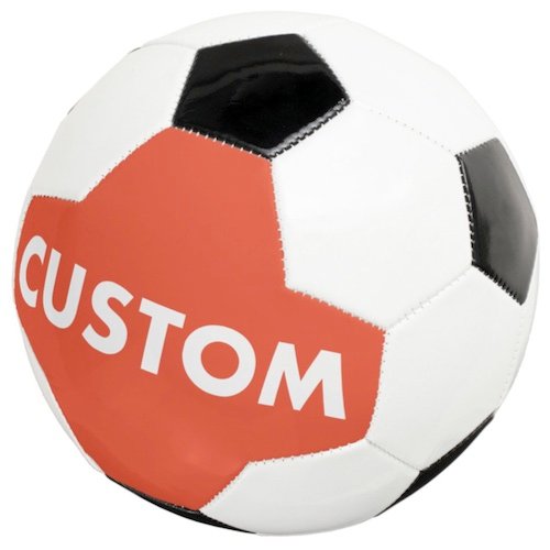 Personalized custom Soccer Ball showing red background and white text.