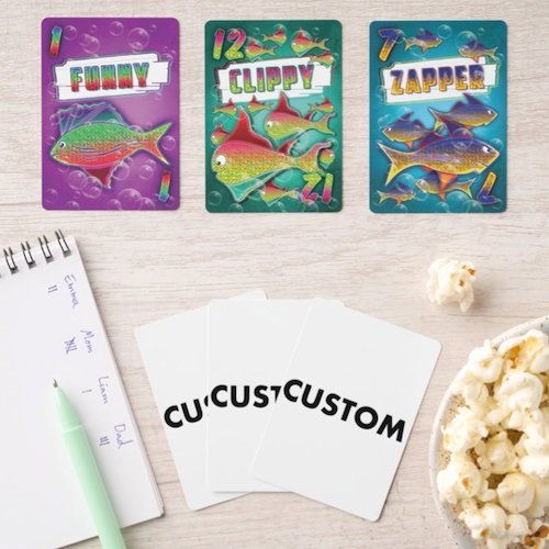 Personalized custom GO FISH classic card game for kids with score pad and popcorn.