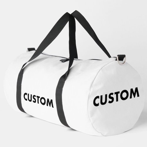 Large 55L personalized custom sports bags duffel gym bag end angled view.