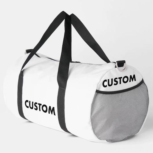 Large 55L personalized custom sports bags duffel gym bag mesh pocket angled view.