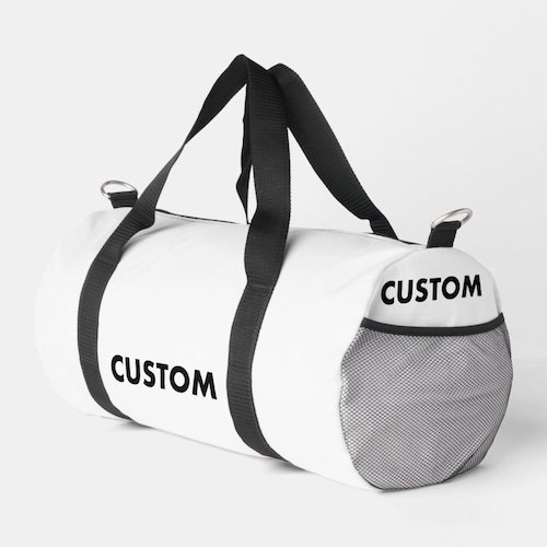 Personalized custom sports bags duffel gym bag mesh pocket angled view Personalized custom sports bags duffel gym bag mesh pocket angled view.