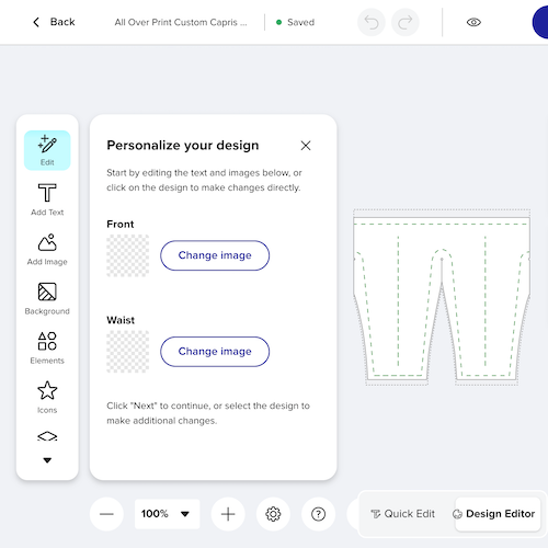Click Edit to change layer. Edit screen showing Change Image and Capri Main Design Area - Custom Capri Infinite Color Background Editing Personalized custom Giant Fast Four side view.