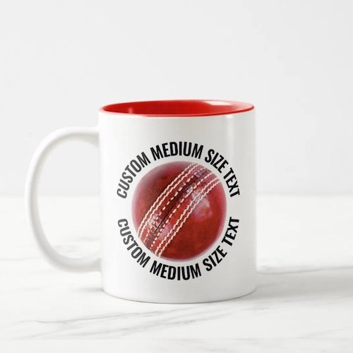 Cricket Ball & Medium Text RED 11oz Custom Two-Tone Mug.