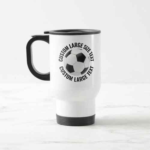 Large Size Text White Stainless Steel Personalized Soccer Travel Mug.