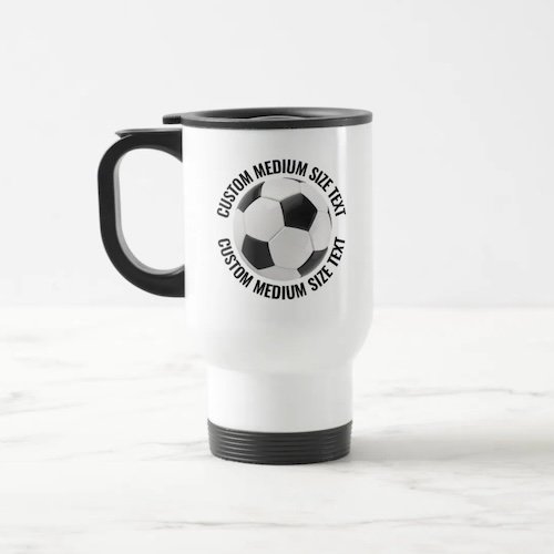 Medium Size Text White Stainless Steel Personalized Soccer Travel Mug.