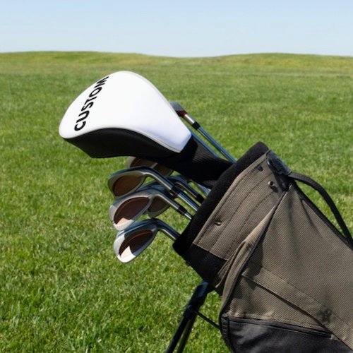 Personalized custom golf headcover for driver club with WHITE piping trim pictured in golf bag.