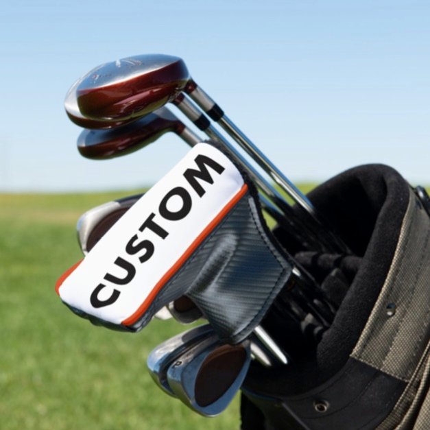 Personalized custom golf headcover for putter club with ORANGE piping trim pictured in golf bag Personalized custom golf headcover for putter club with ORANGE piping trim pictured in golf bag.