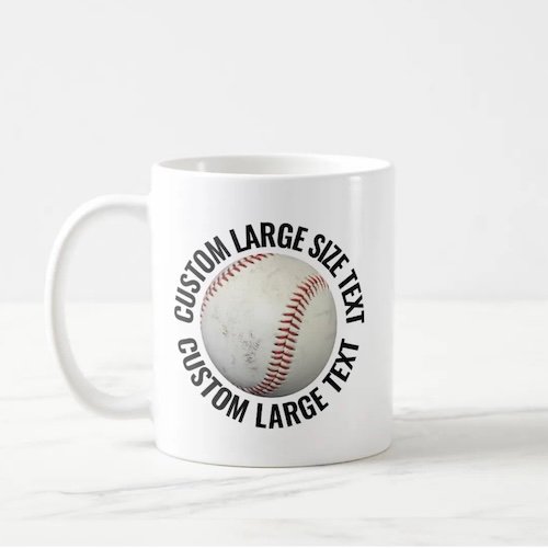 Large size text 11oz white personalized baseball mug.