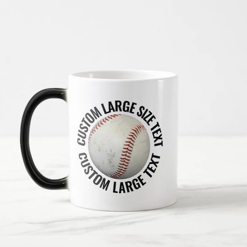 Large text 11oz magic heat changing personalised baseball mug.