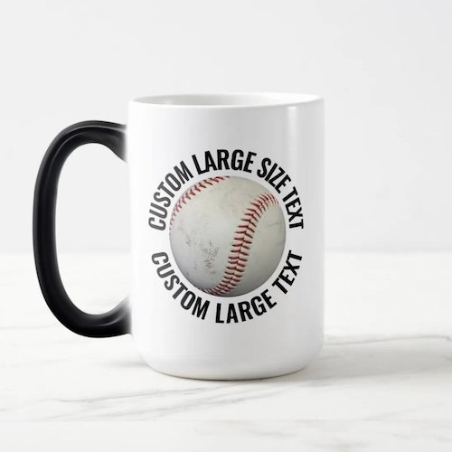 Large text 15oz magic heat changing personalised baseball mug.