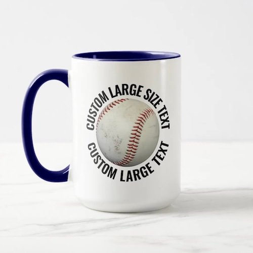 Large text NAVY BLUE combo 15oz custom baseball mug.