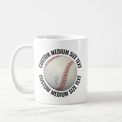 Medium size text 11oz white personalized baseball mug.