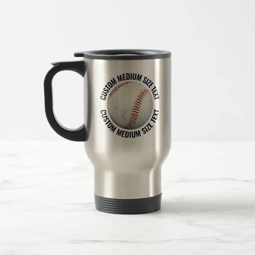 Medium size text stainless steel personalized baseball travel mug.