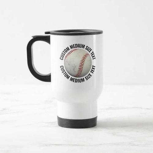 Medium size text white stainless steel personalized baseball travel mug.
