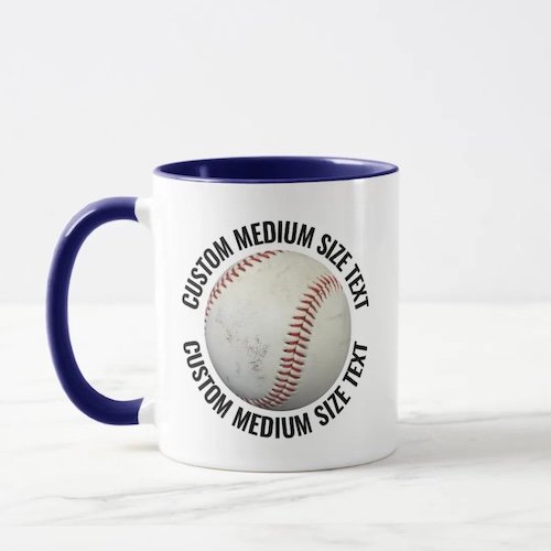 Medium text NAVY BLUE combo 11oz custom baseball mug.