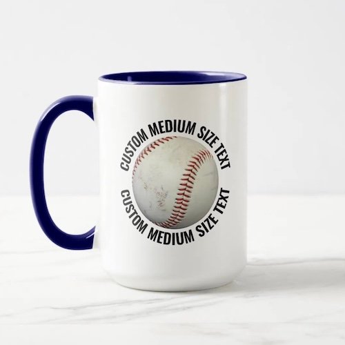 Medium text NAVY BLUE combo 15oz custom baseball mug.