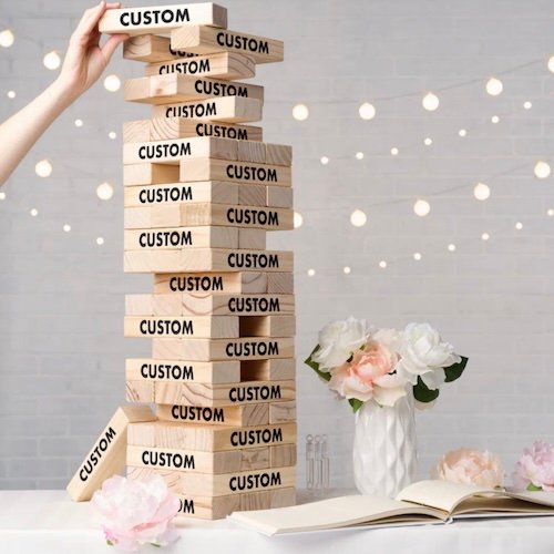 Personalized custom Giant Topple Tower being played.