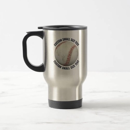 Small size text stainless steel personalized baseball travel mug.