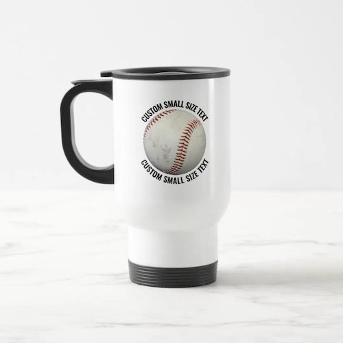Small size text white stainless steel personalized baseball travel mug.