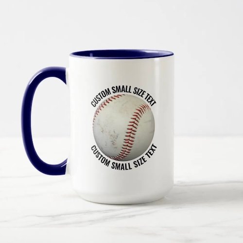 Small text NAVY BLUE combo 15oz custom baseball mug.